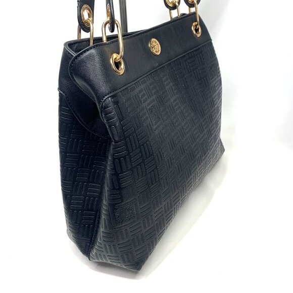 Anne Klein Shoulder Bag Textured Black Vegan Leather Gold Hardware 13"W x 11.5"H - Picture 4 of 9